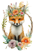 Watercolor cute hand drawn Fox, Fox in floral wreath, flowers bouquet, png