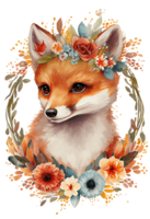 Watercolor cute hand drawn Fox, Fox in floral wreath, flowers bouquet, png
