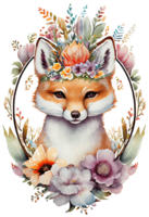 Watercolor cute hand drawn Fox, Fox in floral wreath, flowers bouquet, png