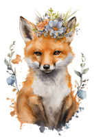 Watercolor cute hand drawn Fox, Fox in floral wreath, flowers bouquet, png