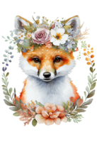 waterverf schattig hand- getrokken vos, vos in bloemen lauwerkrans, bloemen boeket, generatief ai png