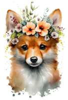 Watercolor cute hand drawn Fox, Fox in floral wreath, flowers bouquet, png