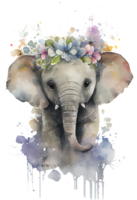 aguarela fofa mão desenhado elefante, elefante dentro floral guirlanda, flores ramalhete, generativo ai png