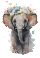 Watercolor cute hand drawn elephant, elephant in floral wreath, flowers bouquet, png