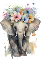Aquarell süß Hand gezeichnet Elefant, Elefant im Blumen- Kranz, Blumen Strauß, generativ ai png