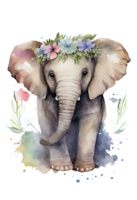 Aquarell süß Hand gezeichnet Elefant, Elefant im Blumen- Kranz, Blumen Strauß, generativ ai png