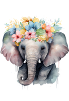 acquerello carino mano disegnato elefante, elefante nel floreale ghirlanda, fiori mazzo, generativo ai png