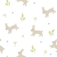 seamless pattern with rabbit silhouette and leaves on white background,tender spring print for wallpaper,cover design,packaging,holiday decor, kids fashion,baby illustration vector