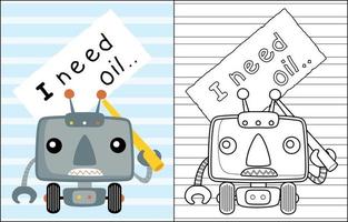 Coloring book of funny little robot with board sign warning vector