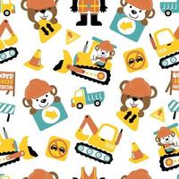 Seamless pattern of construction elements cartoon with funny animals worker vector