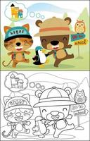 Vector illustration of funny animals cartoon going to school, coloring book or page