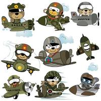Vector set of various military plane cartoon with funny animals pilot