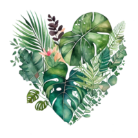 heart shaped tropical leaf bouquet, Romantic heart vignette made of vintage tropical leaves gentle retro style watercolor painting, PNG transparent background, .