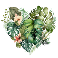 heart shaped tropical leaf bouquet, Romantic heart vignette made of vintage tropical leaves gentle retro style watercolor painting, PNG transparent background, .