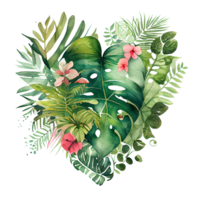 corazón conformado tropical hoja ramo, romántico corazón viñeta hecho de Clásico tropical hojas amable retro estilo acuarela cuadro, png transparente fondo, generativo ai.