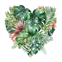 heart shaped tropical leaf bouquet, Romantic heart vignette made of vintage tropical leaves gentle retro style watercolor painting, PNG transparent background, .