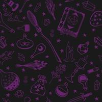Seamless pattern with hand drawn magic tools, concept of witchcraft. Witchcraft, magic background for witches and wizards. vector