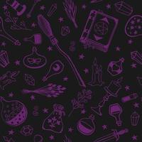 Seamless pattern with hand drawn magic tools, concept of witchcraft. Witchcraft, magic background for witches and wizards. vector