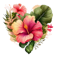 heart shaped hibiscus bouquet, Romantic heart vignette made of vintage flowers and leaves of hibiscus in gentle retro style watercolor painting, PNG transparent background, .