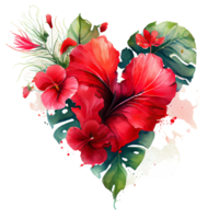 heart shaped hibiscus bouquet, Romantic heart vignette made of vintage flowers and leaves of hibiscus in gentle retro style watercolor painting, PNG transparent background, .