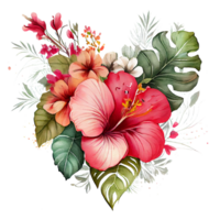 heart shaped hibiscus bouquet, Romantic heart vignette made of vintage flowers and leaves of hibiscus in gentle retro style watercolor painting, PNG transparent background, .