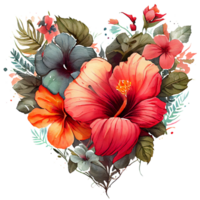 heart shaped hibiscus bouquet, Romantic heart vignette made of vintage flowers and leaves of hibiscus in gentle retro style watercolor painting, PNG transparent background, .