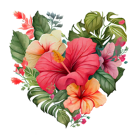 heart shaped hibiscus bouquet, Romantic heart vignette made of vintage flowers and leaves of hibiscus in gentle retro style watercolor painting, PNG transparent background, .