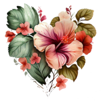 heart shaped hibiscus bouquet, Romantic heart vignette made of vintage flowers and leaves of hibiscus in gentle retro style watercolor painting, PNG transparent background, .