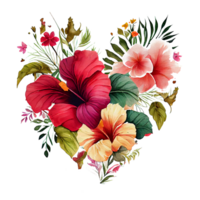 heart shaped hibiscus bouquet, Romantic heart vignette made of vintage flowers and leaves of hibiscus in gentle retro style watercolor painting, PNG transparent background, .