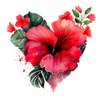 Herz geformt Hibiskus Strauß, romantisch Herz Vignette gemacht von Jahrgang Blumen und Blätter von Hibiskus im sanft retro Stil Aquarell malen, png transparent Hintergrund, generativ ai.