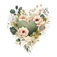 heart shaped Sage Green and Ivory Flowers bouquet, Romantic heart vignette made of vintage flowers and leaves, Sage Green and Ivory Flowers in gentle retro style watercolor painting, PNG transparent