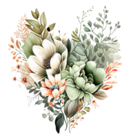 heart shaped Sage Green and Ivory Flowers bouquet, Romantic heart vignette made of vintage flowers and leaves, Sage Green and Ivory Flowers in gentle retro style watercolor painting, PNG transparent
