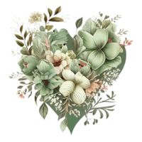 corazón conformado sabio verde y Marfil flores ramo, romántico corazón viñeta hecho de Clásico flores y hojas, sabio verde y Marfil flores en amable retro estilo acuarela cuadro, png transparente