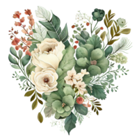hjärta formad salvia grön och elfenben blommor bukett, romantisk hjärta vinjett tillverkad av årgång blommor och löv, salvia grön och elfenben blommor i mild retro stil vattenfärg målning, png transparent
