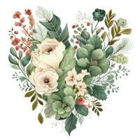 heart shaped Sage Green and Ivory Flowers bouquet, Romantic heart vignette made of vintage flowers and leaves, Sage Green and Ivory Flowers in gentle retro style watercolor painting, PNG transparent