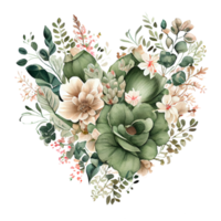 coração em forma sábio verde e marfim flores ramalhete, romântico coração vinheta fez do vintage flores e folhas, sábio verde e marfim flores dentro □ Gentil retro estilo aguarela pintura, png transparente