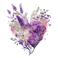 heart shaped purple Lavender bouquet, Romantic heart vignette made of vintage flowers and leaves of Lavender in gentle retro style watercolor painting, PNG transparent background, .