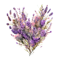 heart shaped purple Lavender bouquet, Romantic heart vignette made of vintage flowers and leaves of Lavender in gentle retro style watercolor painting, PNG transparent background, .