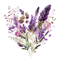 cuore sagomato viola lavanda mazzo, romantico cuore vignetta fatto di Vintage ▾ fiori e le foglie di lavanda nel dolce retrò stile acquerello la pittura, png trasparente sfondo, generativo ai.