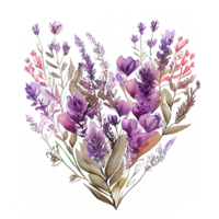corazón conformado púrpura lavanda ramo, romántico corazón viñeta hecho de Clásico flores y hojas de lavanda en amable retro estilo acuarela cuadro, png transparente fondo, generativo ai.