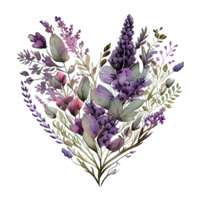 heart shaped purple Lavender bouquet, Romantic heart vignette made of vintage flowers and leaves of Lavender in gentle retro style watercolor painting, PNG transparent background, .