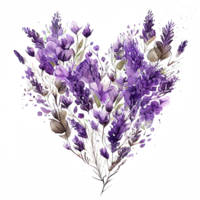 heart shaped purple Lavender bouquet, Romantic heart vignette made of vintage flowers and leaves of Lavender in gentle retro style watercolor painting, PNG transparent background, .