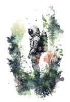 watercolor astronaut with plants forest . png