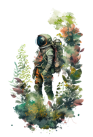watercolor astronaut with plants forest . png