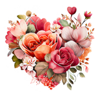 hjärta formad reste sig bukett, romantisk hjärta vinjett tillverkad av årgång blommor och löv av ro i mild retro stil vattenfärg målning, png transparent bakgrund, generativ ai.