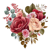 coração em forma rosa ramalhete, romântico coração vinheta fez do vintage flores e folhas do rosas dentro □ Gentil retro estilo aguarela pintura, png transparente fundo, generativo ai.