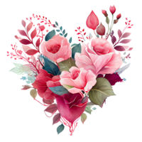cœur en forme de Rose bouquet, romantique cœur vignette fabriqué de ancien fleurs et feuilles de des roses dans doux rétro style aquarelle peinture, png transparent arrière-plan, génératif ai.