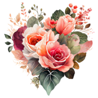corazón conformado Rosa ramo, romántico corazón viñeta hecho de Clásico flores y hojas de rosas en amable retro estilo acuarela cuadro, png transparente fondo, generativo ai.
