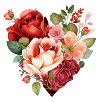 heart shaped rose bouquet, Romantic heart vignette made of vintage flowers and leaves of roses in gentle retro style watercolor painting, PNG transparent background, generative AI.