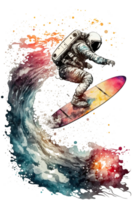 Astronauten Surfen auf ein Surfbrett im Raum mit Sterne Aquarell malen, Planeten, png transparent Hintergrund, generativ ai.